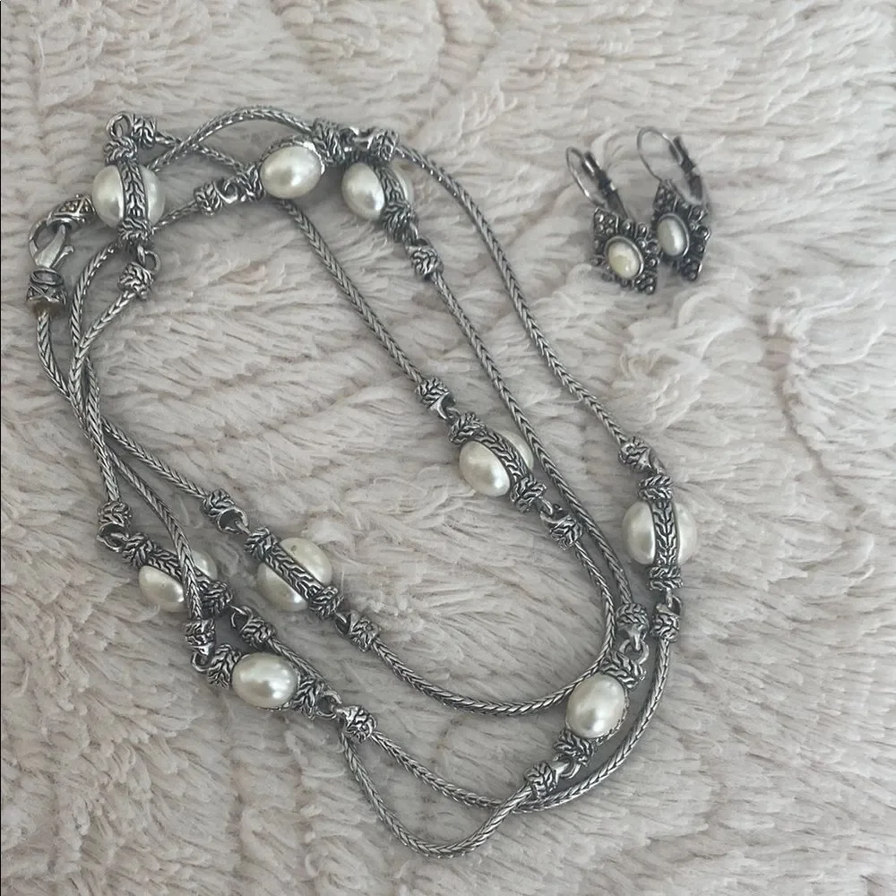 Silver and Pearl Necklace with Complementary Earrings 18” Drop